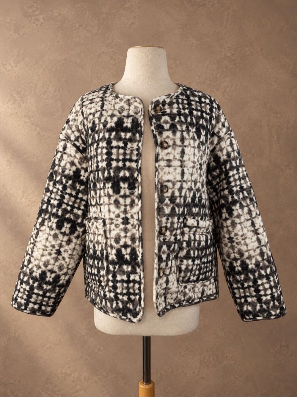 See U Soon L Anthropologie Collarless Quilted Jacket Neutral Tie Dye Sherpa Li